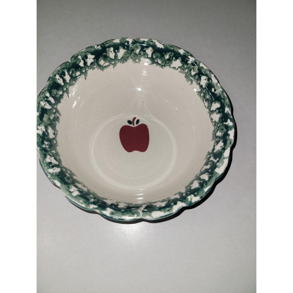 Antique‎ Stoneware Apple Bowl Scalloped Rim Green Accents Kitchenware